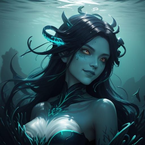 Dark Mermaid Grins Holding Skull in Bioluminescent Cave