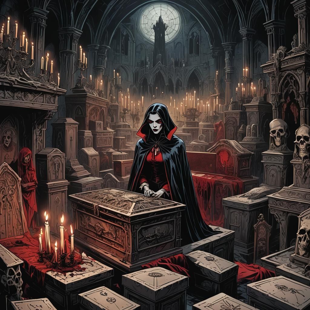 Girl Hiding from Dracula in Comic Book Art