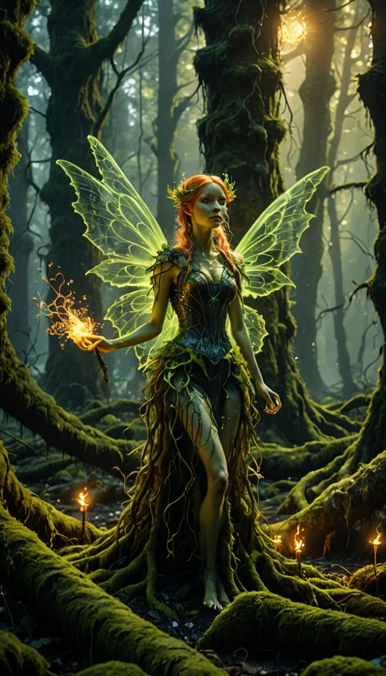 Fire Fairy Casts Spell in Bioluminescent Forest