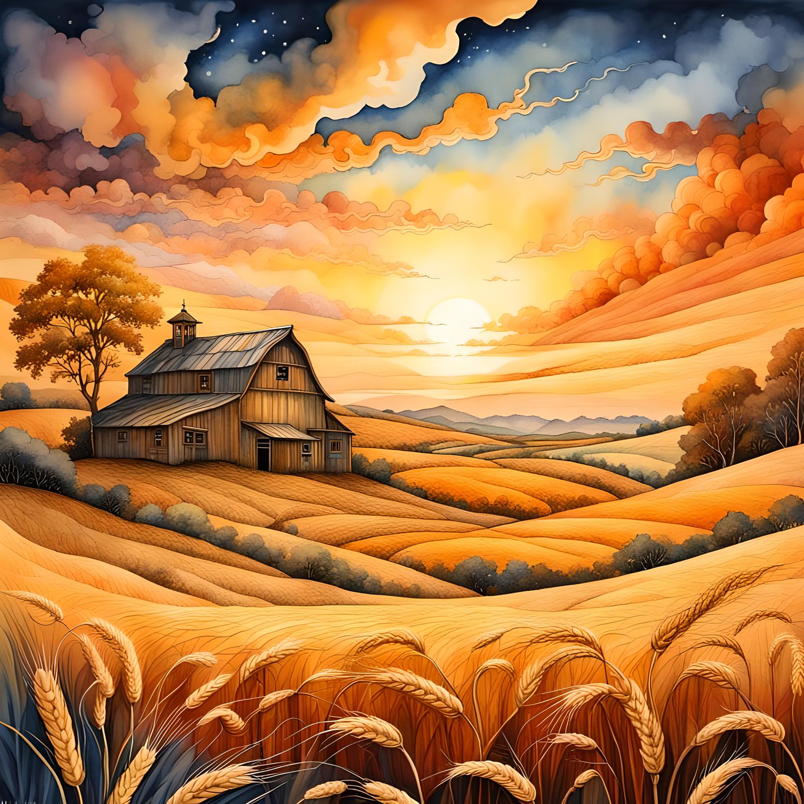 Watercolor Farmscape with Golden Wheat at Sunset