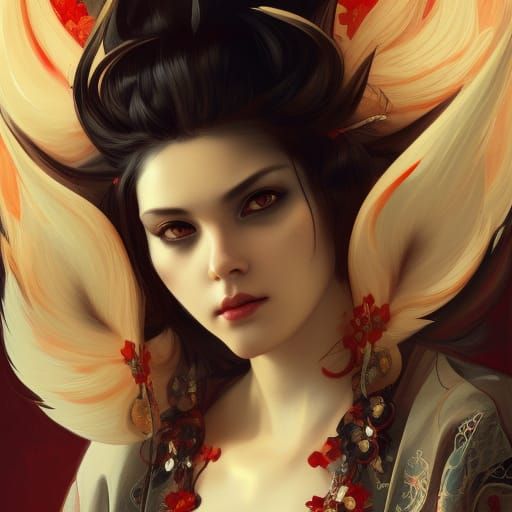Kitsune Woman Portrait in Ornate Kimono
