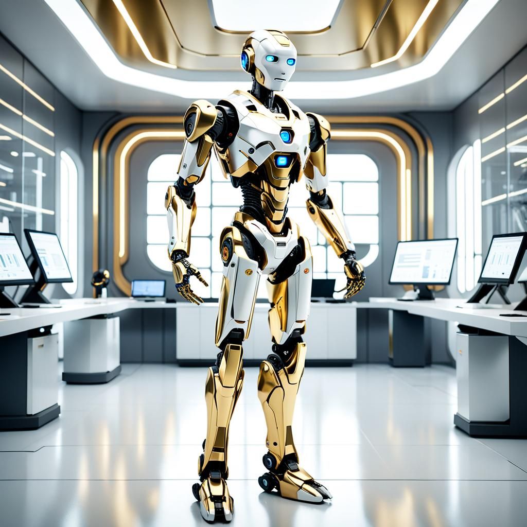 Futuristic Gold and White Robot in Advanced Lab