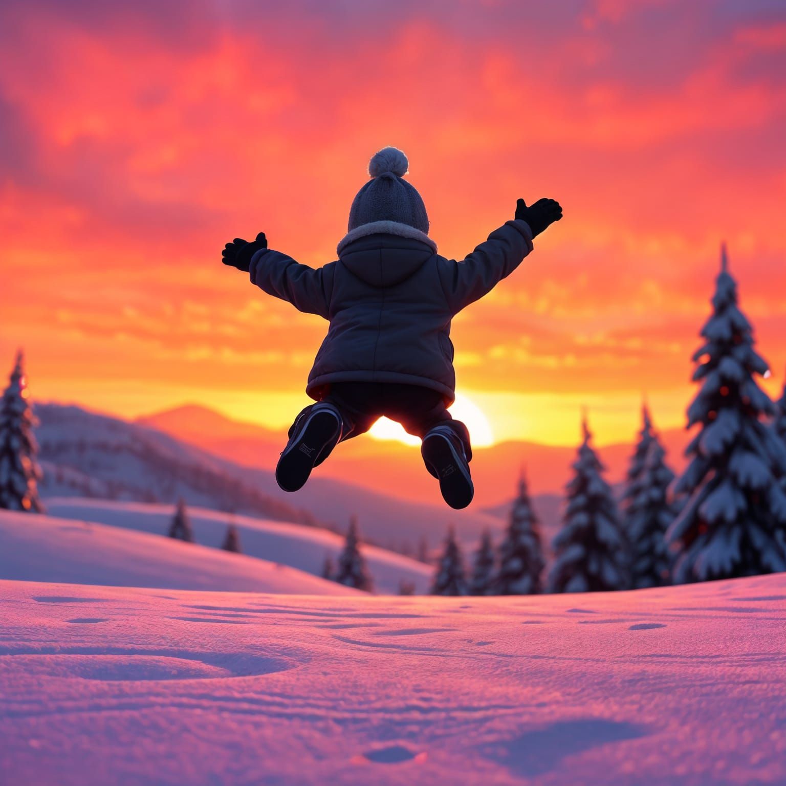 Child Silhouette at Winter Sunset: Pixar Style