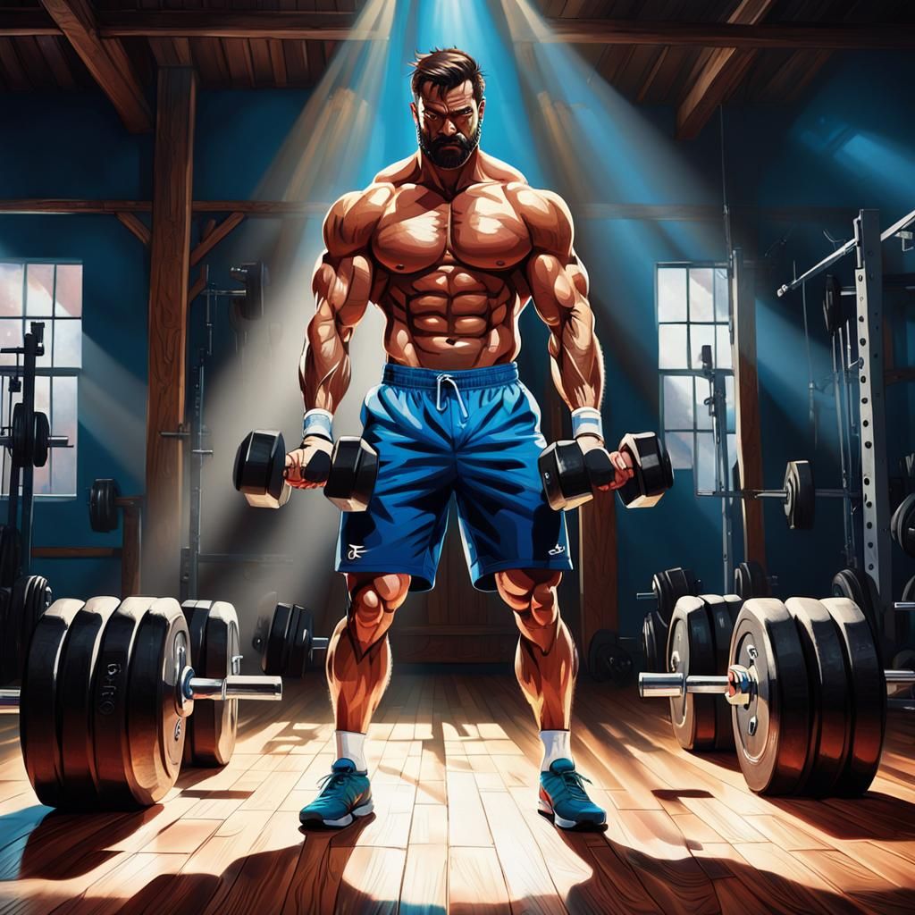 Muscular Man Weightlifting in Gym: Oil Painting