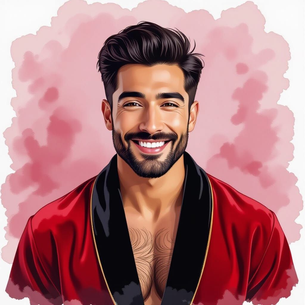 Smiling Man in Red Velvet Robe, Alcohol Ink Style