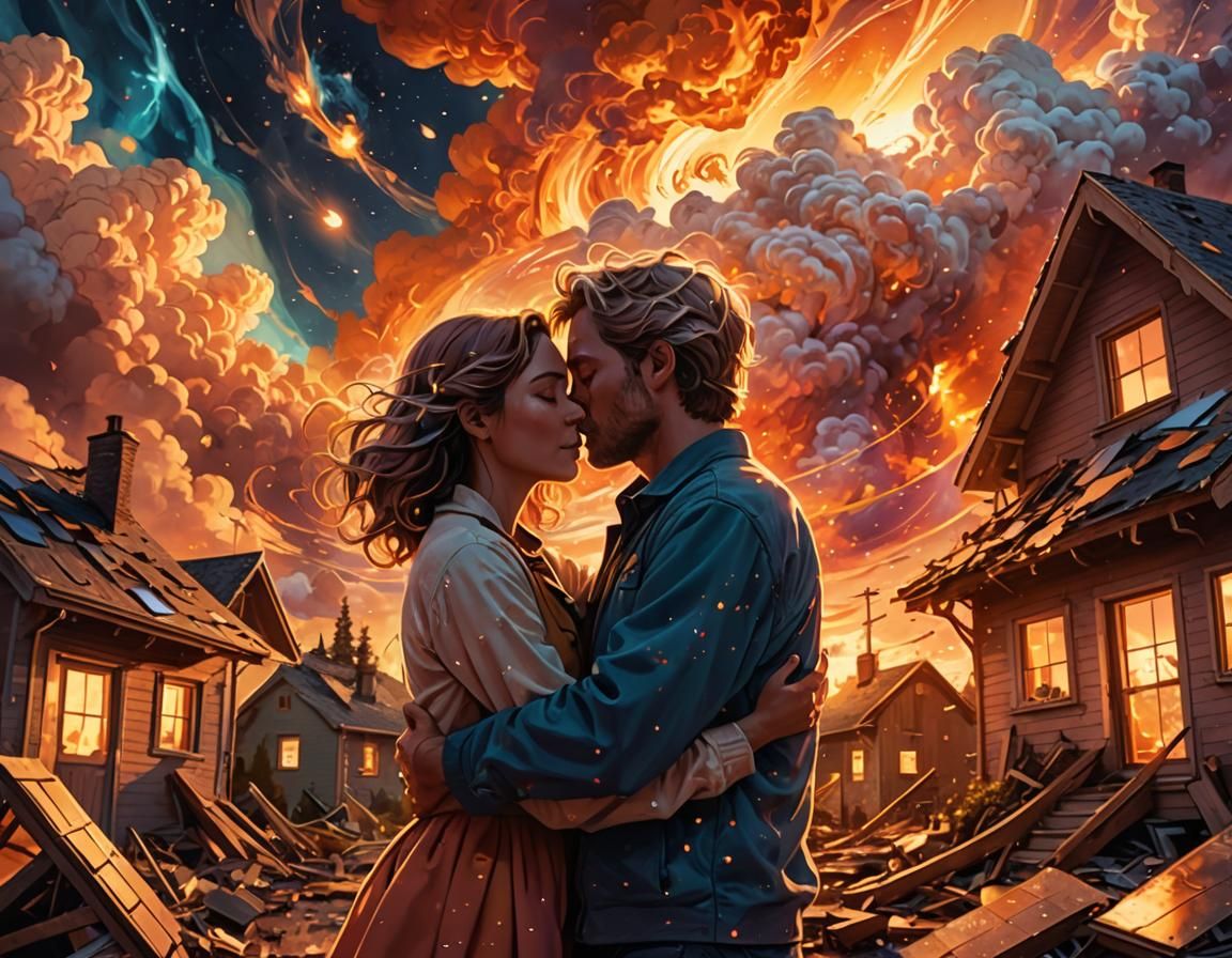 Embracing During a Solar Storm: Cosmic Fantasy Illustration