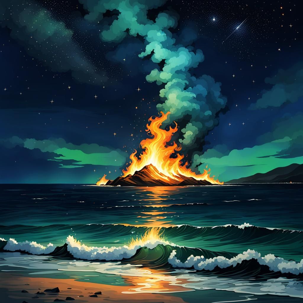 Inferno Sea Under Starry Night Sky