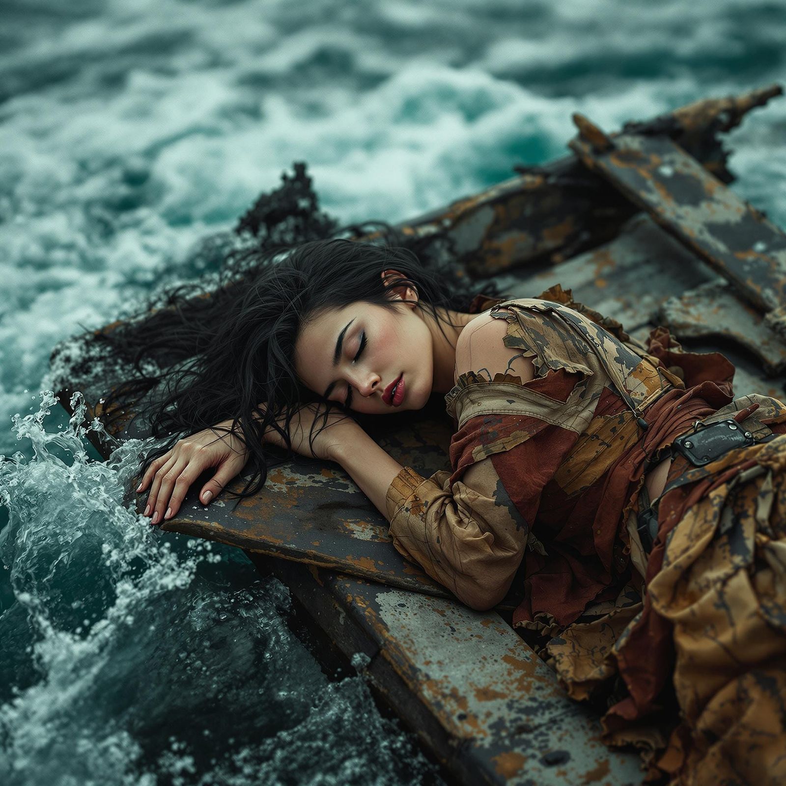 Hyperrealistic Woman Adrift at Sea Film Still