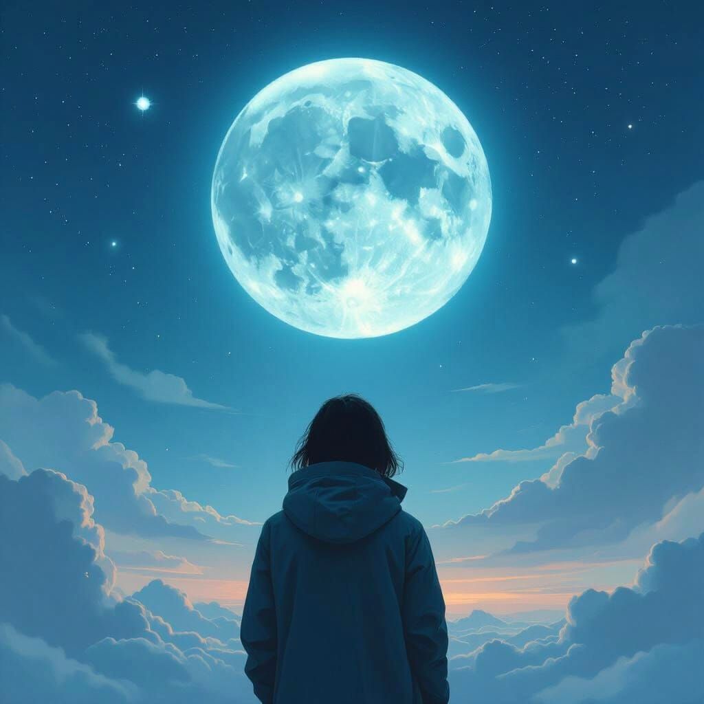 Surreal Book Cover: Person Gazes at Luminous Moon