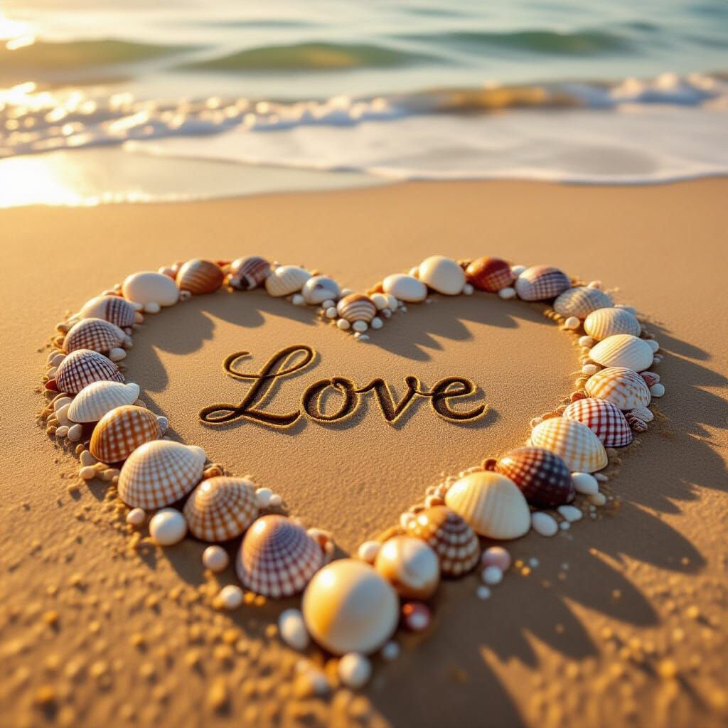 Valentine Heart of Shells on Golden Hour Beach