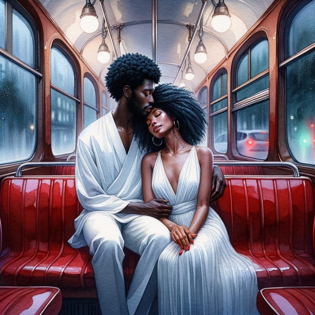 Vintage Russian Tram Scene with Loving Couple