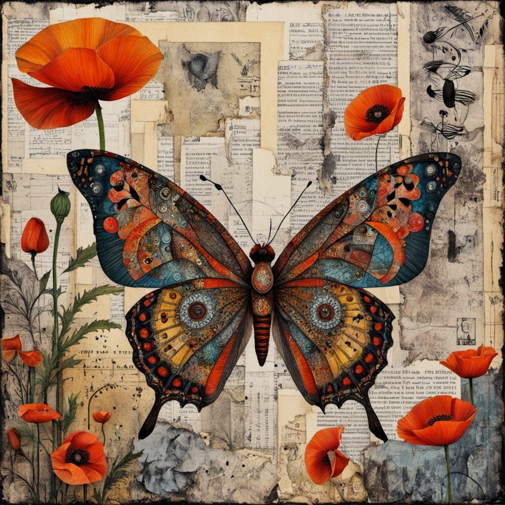 Crystallized Butterfly and Poppy in Art Brut Style