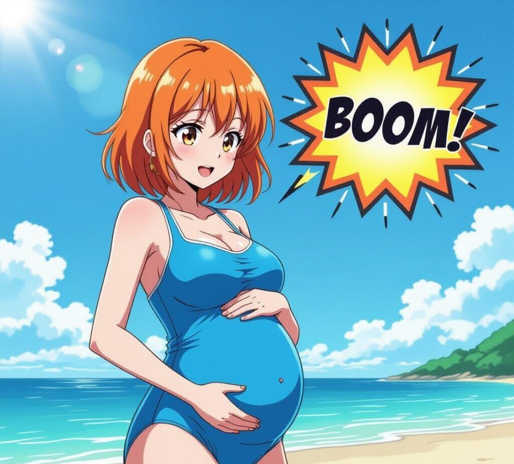 Pregnant Woman on Beach, Anime Style Art