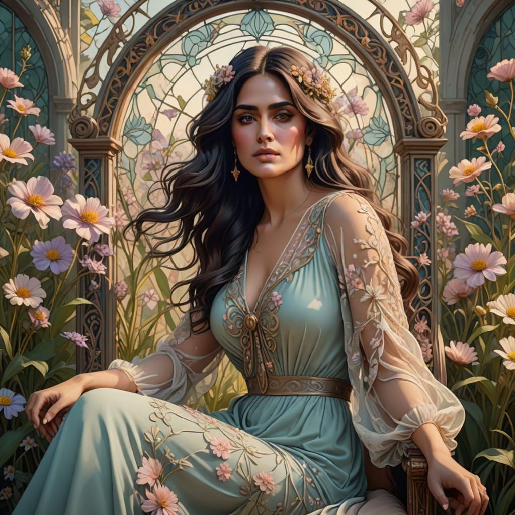 Art Nouveau Portrait of Woman in Wildflower Field