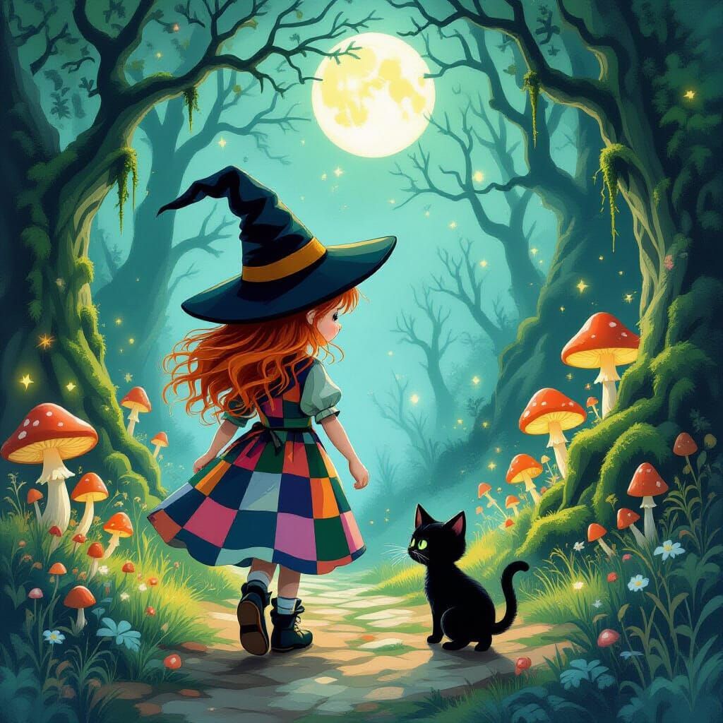Young Witch Girl and Black Kitten in Enchanted Forest
