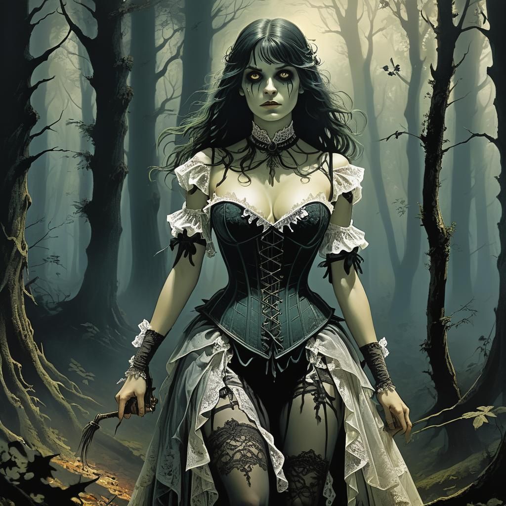 Gothic Witch in Forest, Engraving Style