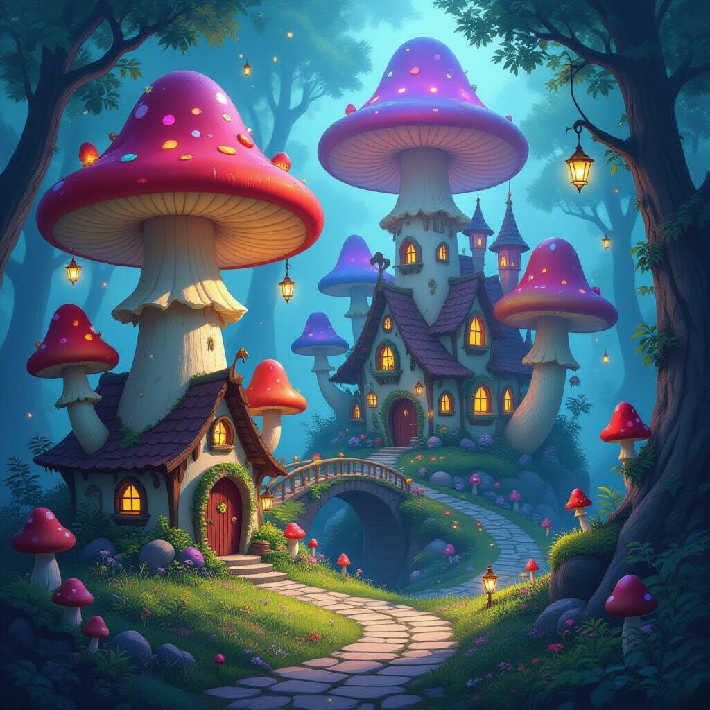 Magical Mushroom Kingdom with Bioluminescent Lights