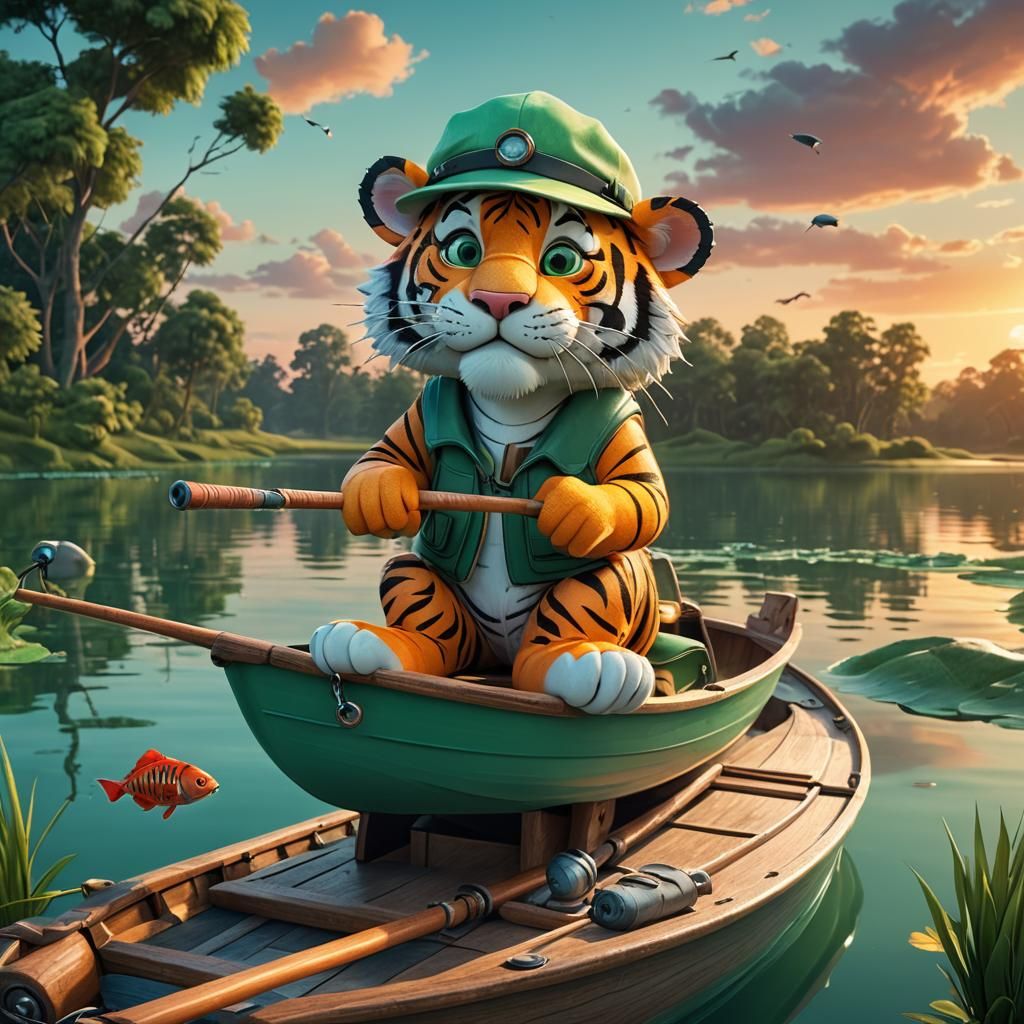 Cartoon Tiger Fishing on Serene Lake: 3D Digital Art