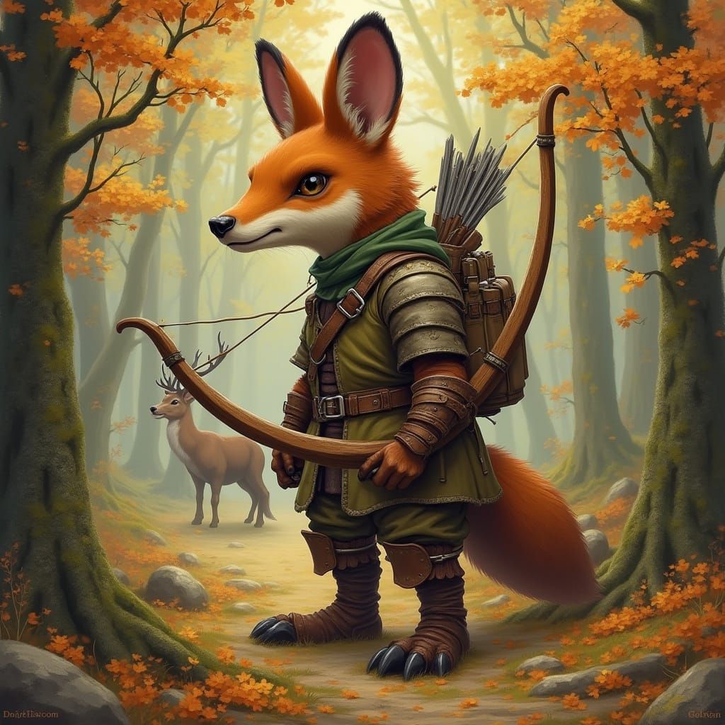 Coati Hunter in Autumn Forest, Fantasy Realism