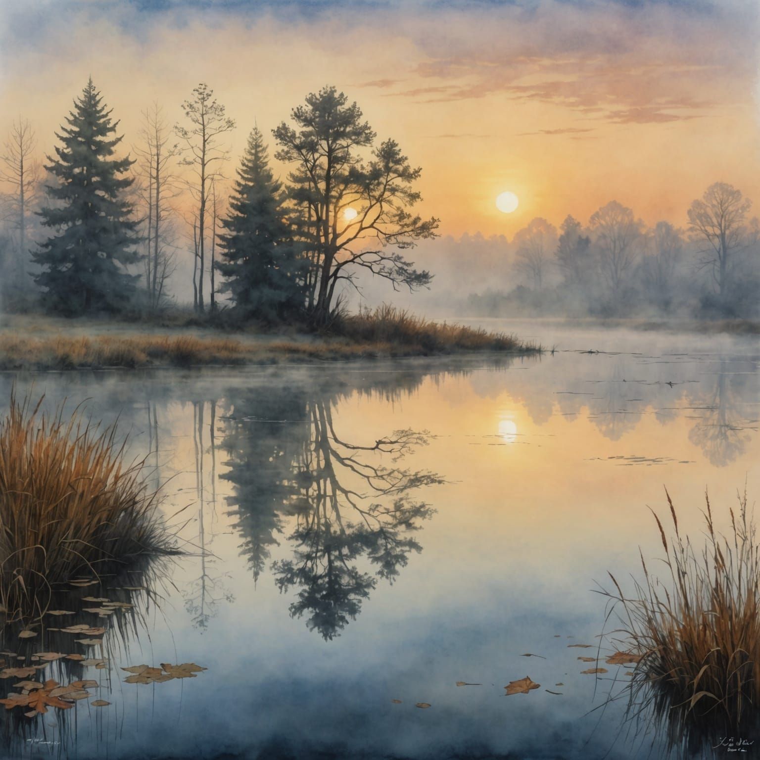 Misty Autumn Sunrise: A Watercolor Pond Scene