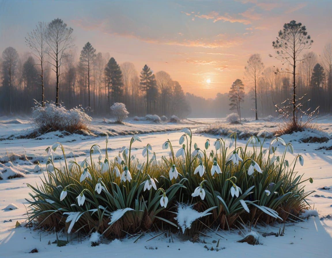 Snowdrops Emerge in Soft Evening Light, Inspired by Modern M...
