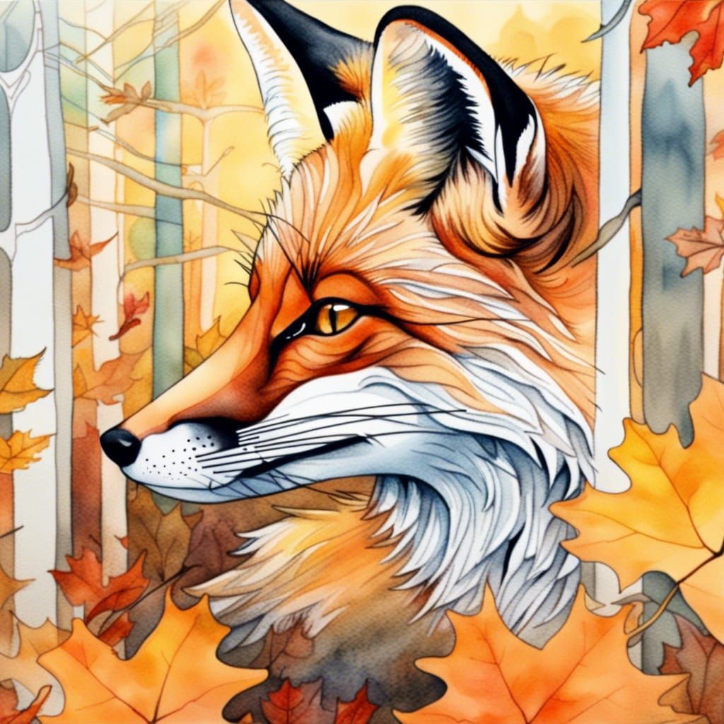 Fox in Autumn Forest Double Exposure Watercolor