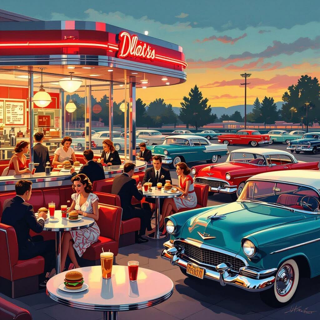 Vibrant 1950s Diner Scene with Classic Cars