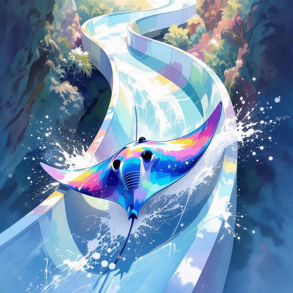 Manta Ray Slides Down Waterslide in Watercolour Illustration