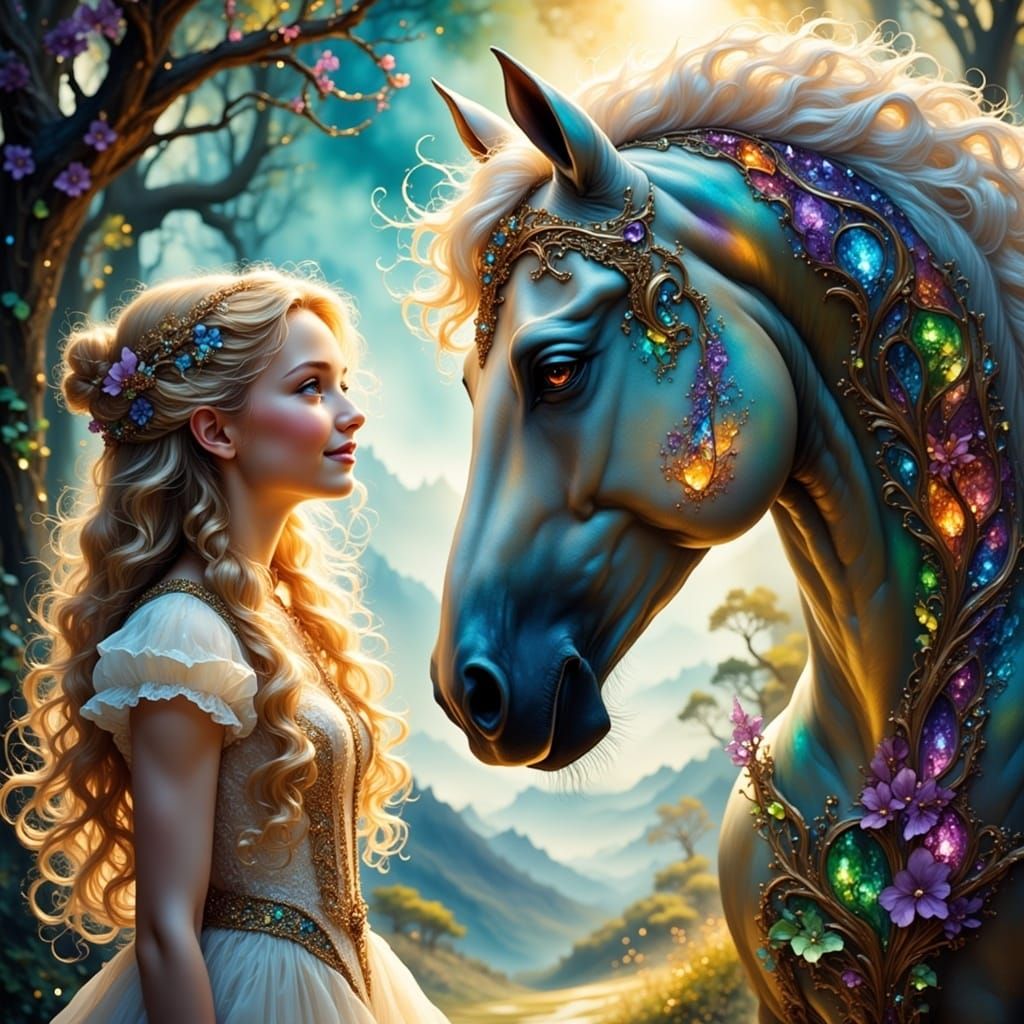Girl and Horse in Enchanted Landscape