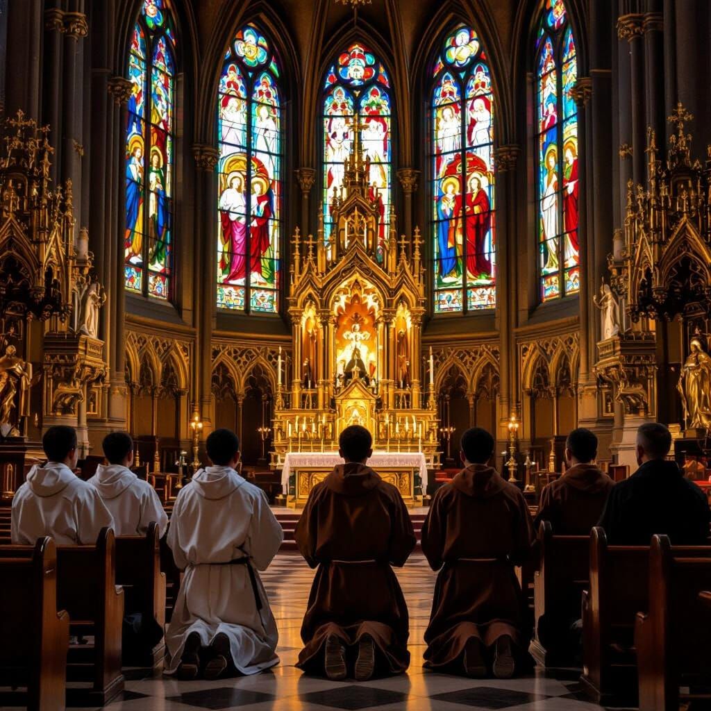 Diverse Monks Praying in Gothic Cathedral