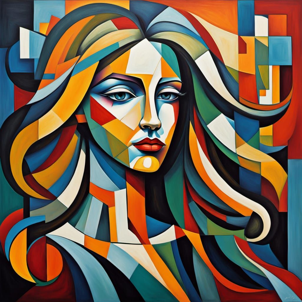 Cubist Portrait of a Woman with Flowing Hair