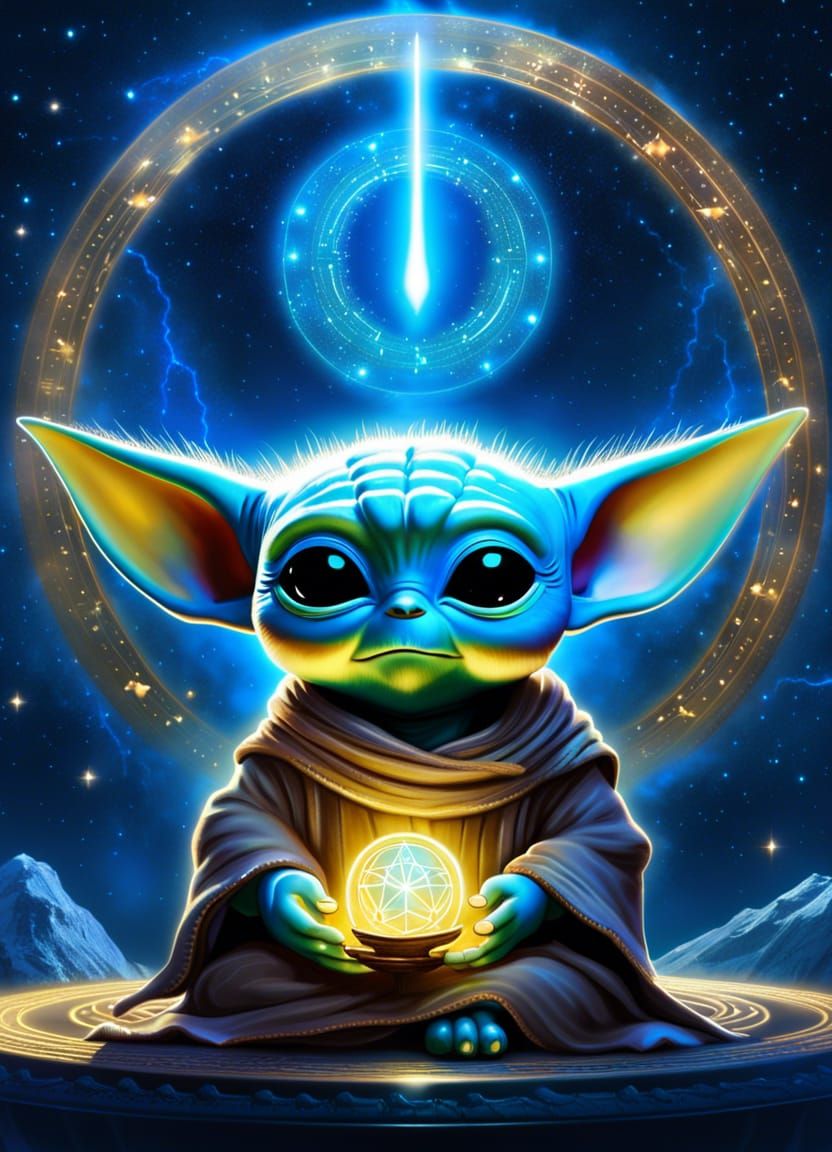 Ethereal Baby Yoda in Cosmic Meditation