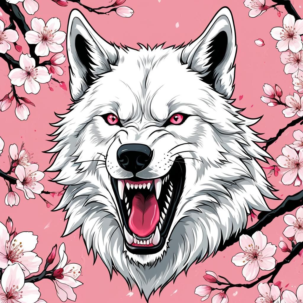 Anime Wolf Head with Cherry Blossoms Illustration