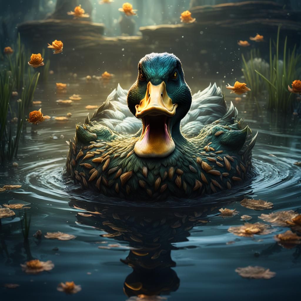 Menacing Duck with Sharp Teeth in Pond