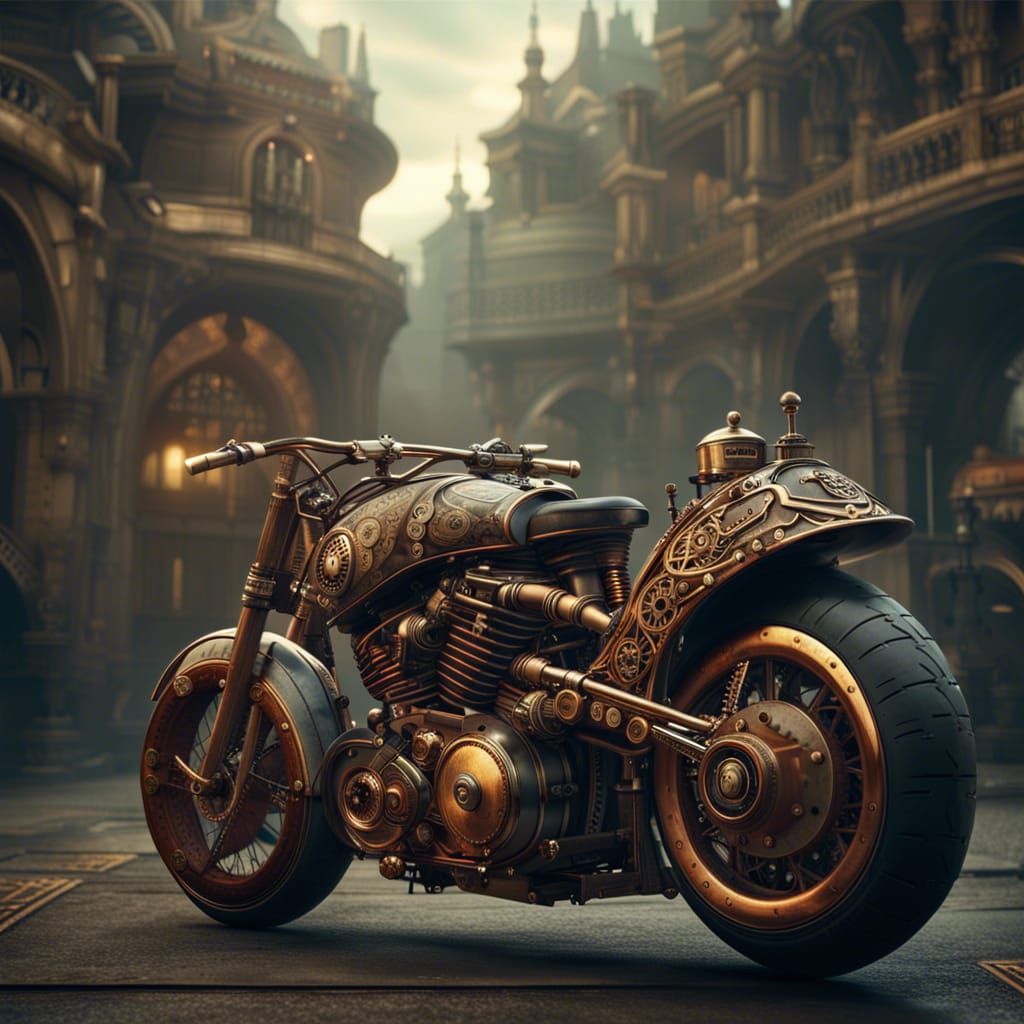 Steampunk Motorcycle: Intricate Digital Matte Painting