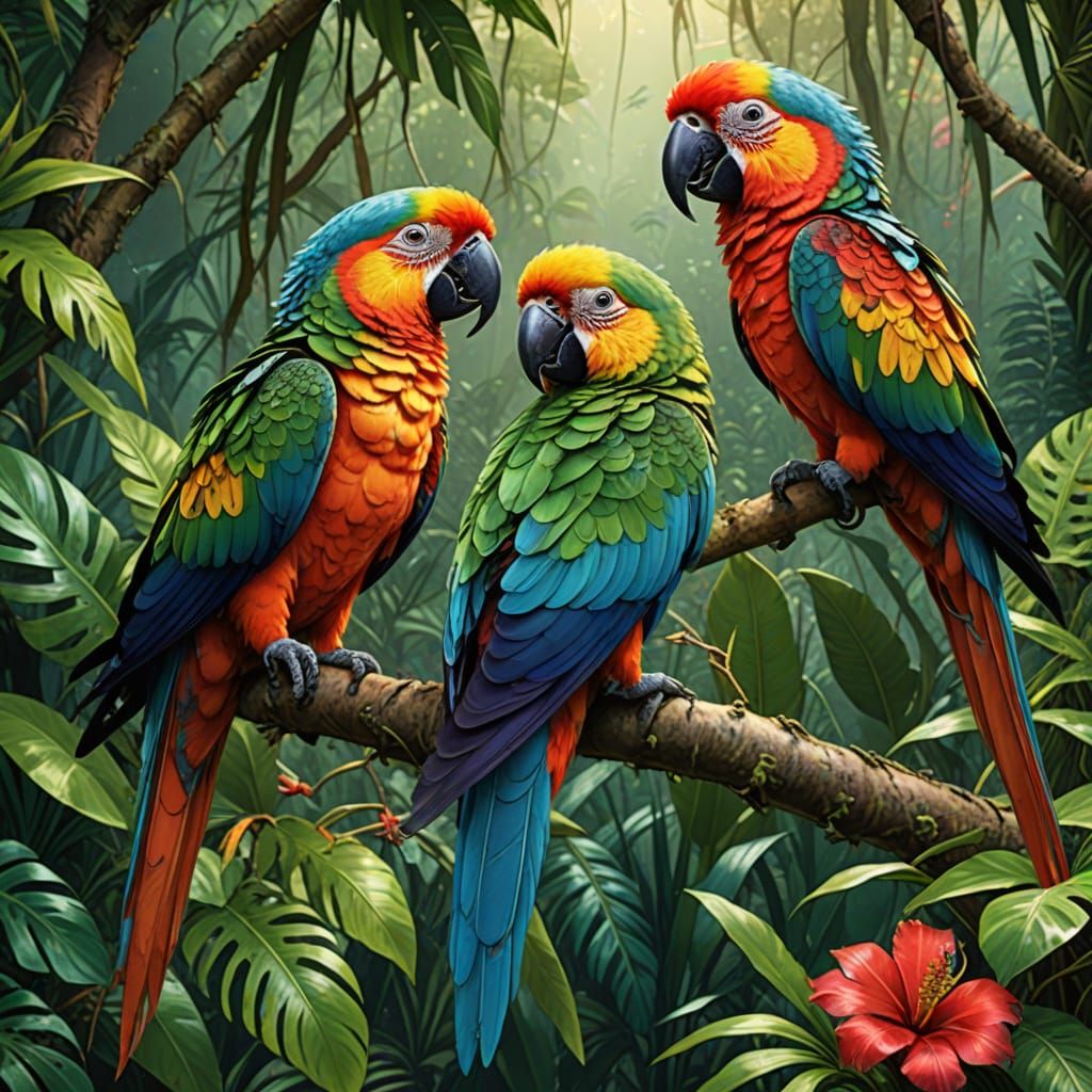 Colorful Parrots Perched on Jungle Branch