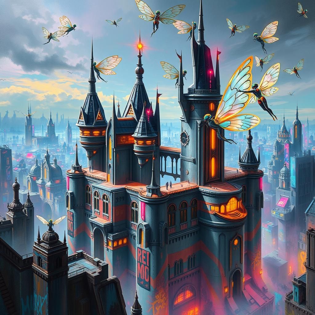 Cyberpunk Castle with Robotic Fairies in Flight