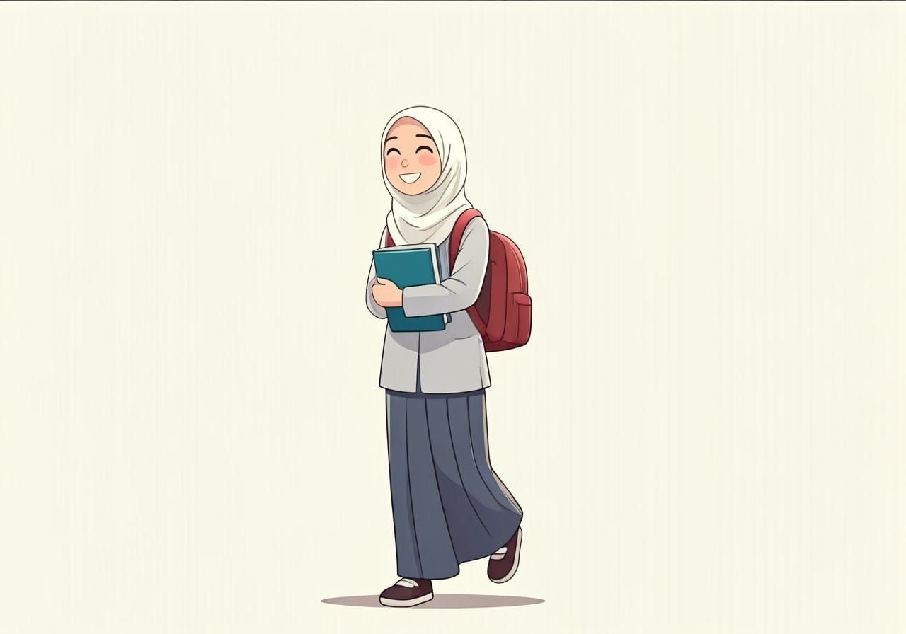 Minimalist Illustration: Muslim Girl Walking to School