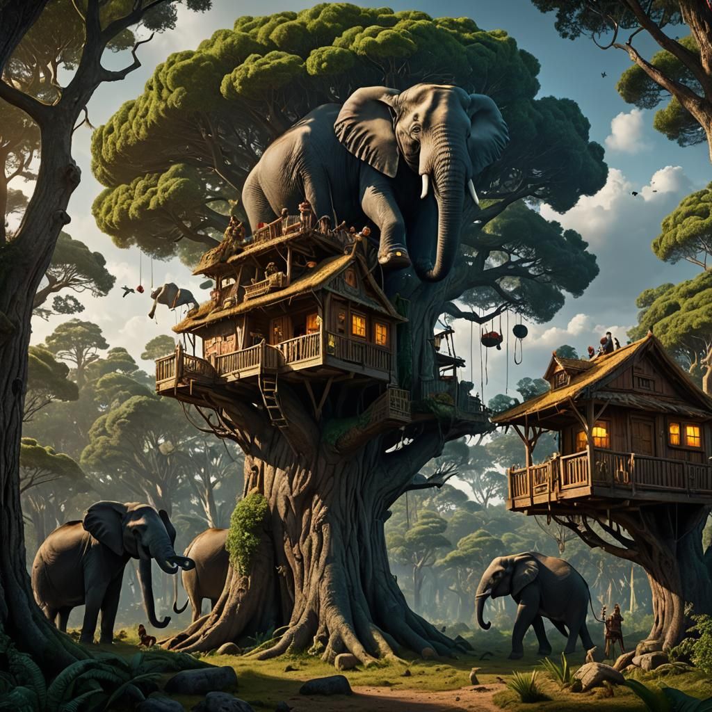 Treehouse Battle in Pine Forest: Fantasy Concept Art