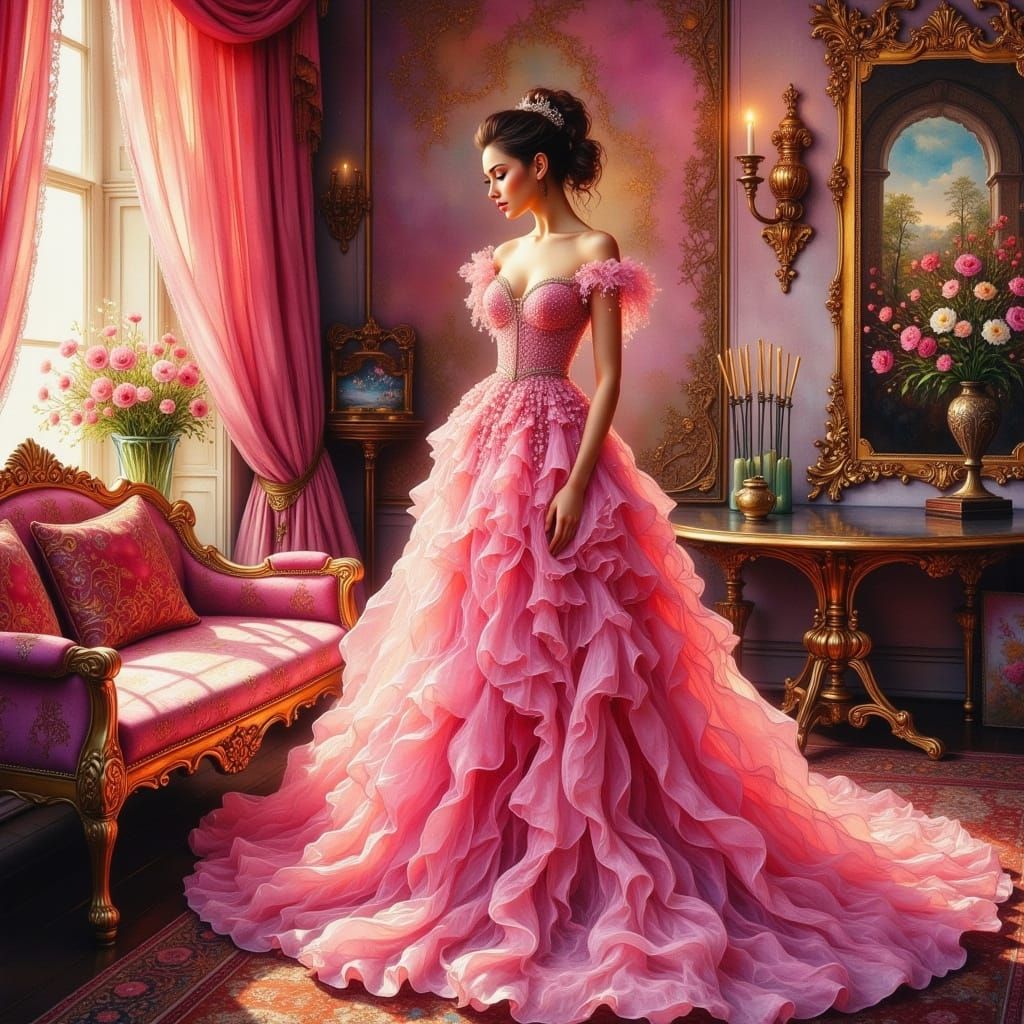 Elegant Woman in Pink Gown in Opulent Pink Room