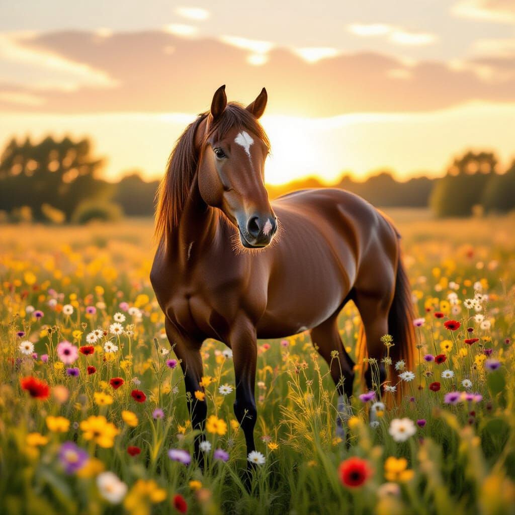 Brown Horse in Wildflower Meadow at Golden Hour