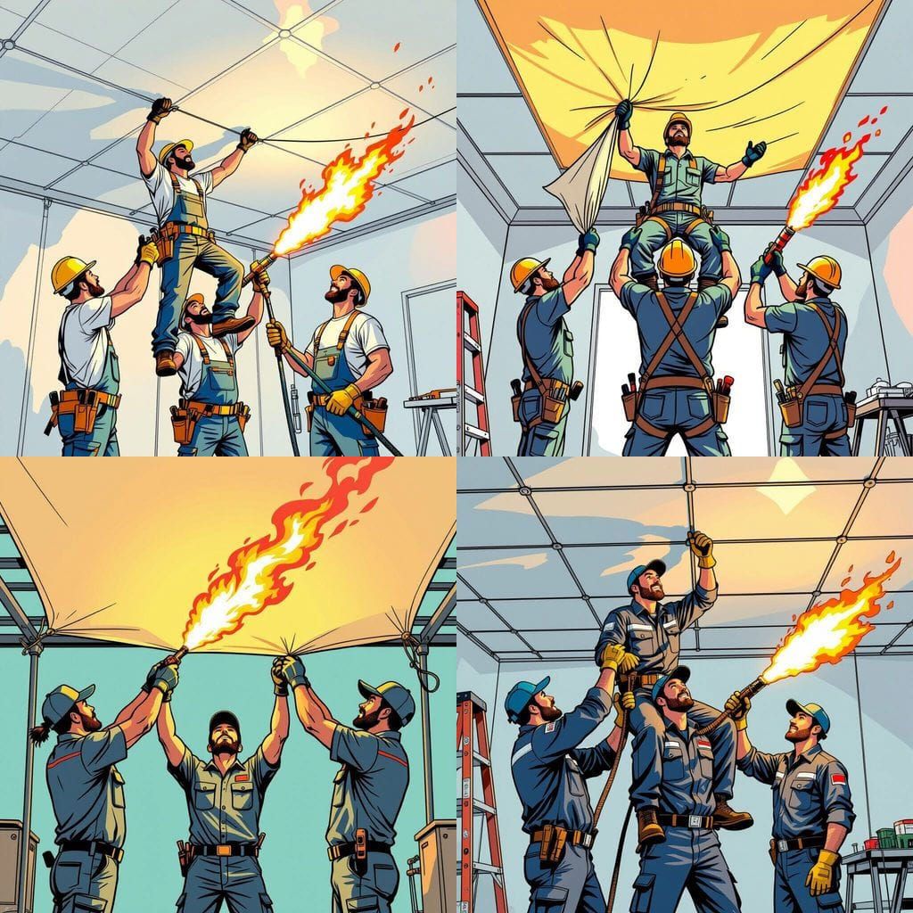 Three Professionals Stretching a Ceiling with Flamethrower