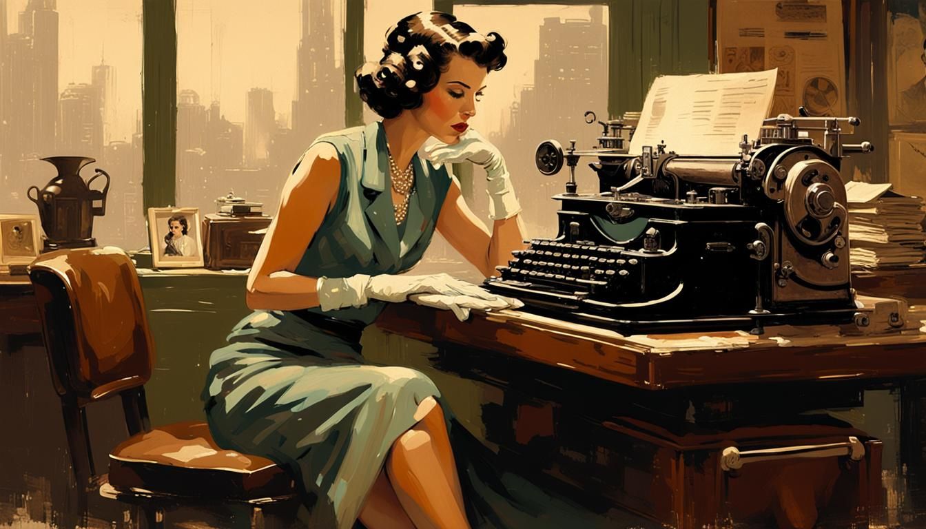 Art Deco Woman at Desk with Printing Press