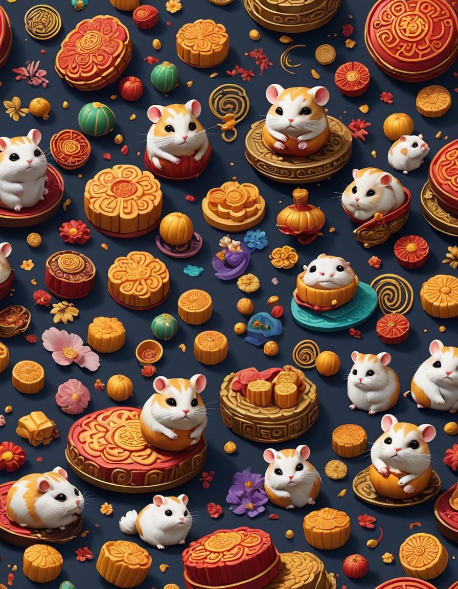 Hamster Celebrates New Year with Mooncake: Digital Painting