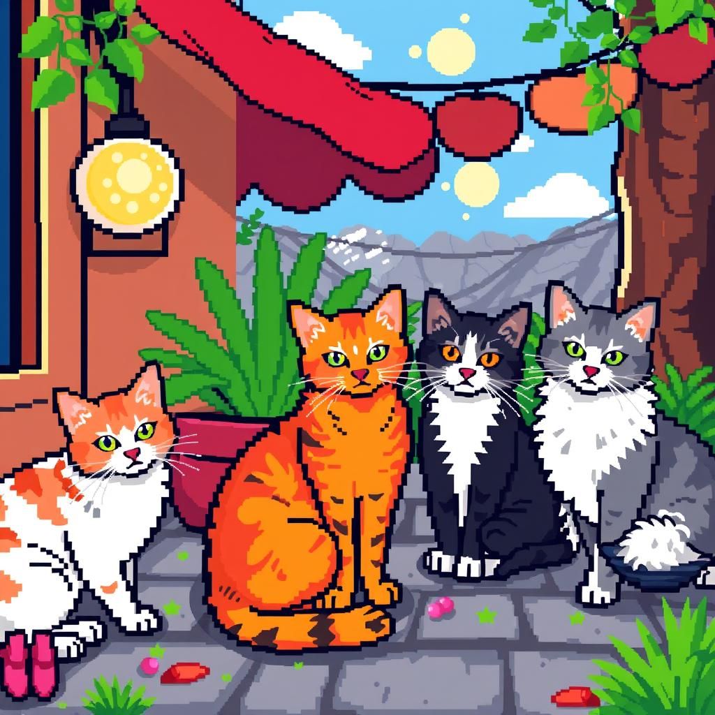 Colorful Felines in Pixel Art Style