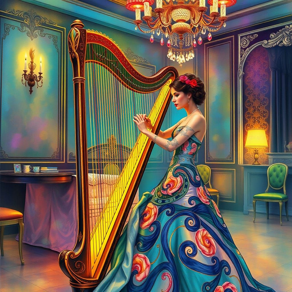 Victorian Woman Plays Harp in Psychedelic Ballroom