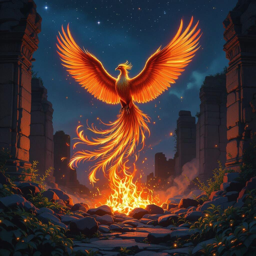 Iridescent Phoenix Rising from Embers in Ruin
