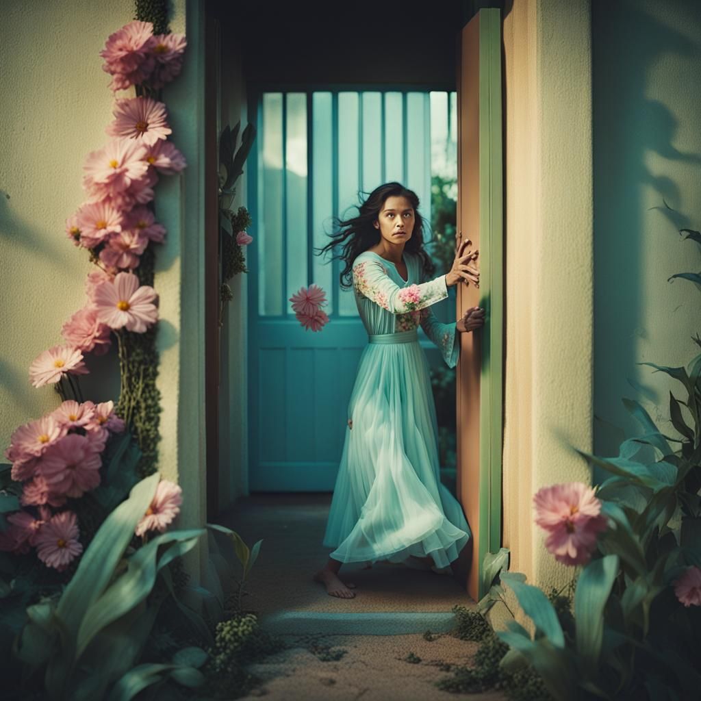 Anxious Hawaiian Woman Reaching Through Doorway: Cinematic F...