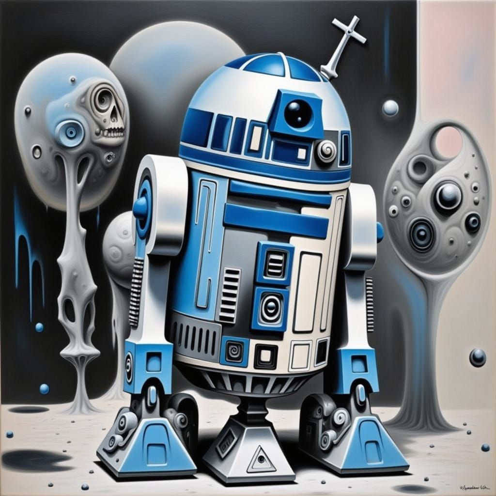 R2D2 in Sci-Fi Landscape, Inspired by Mead and Giger