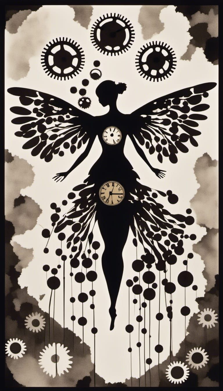 <lora:Photo gram Whitebird:1.0> Steampunk photogram,  Butterfly winged woman  Silhouette made out watch parts, gears , m...